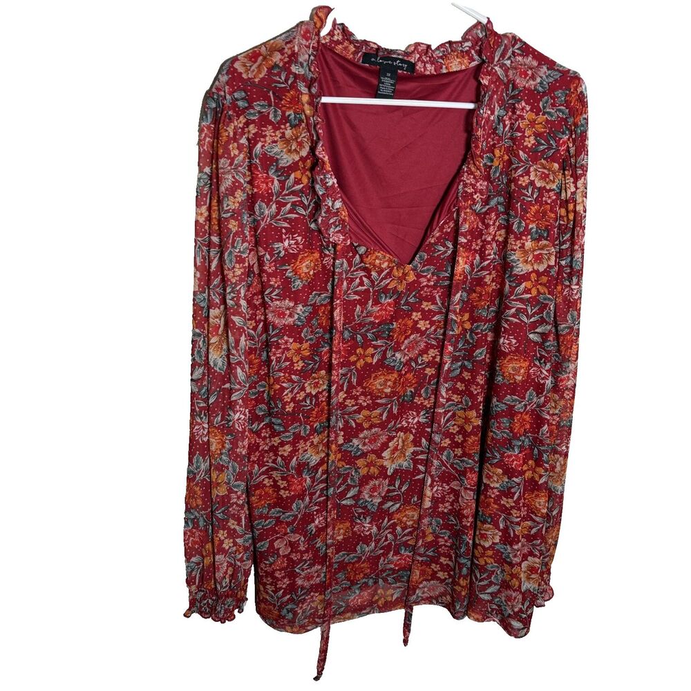 A Love Story Blouse Women's 3X Red V-Neck Floral Ruffle Casual Long Sleeve